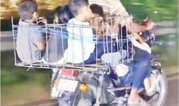 बाइक पर पीछे लोहे की टोकरी में बैठे 5 बच्चे