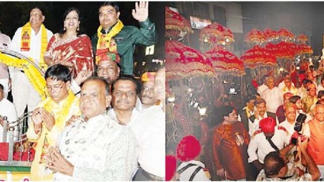 जुलूस मार्ग पर लगे अग्रसेन एवं महालक्ष्मी के जयघोष